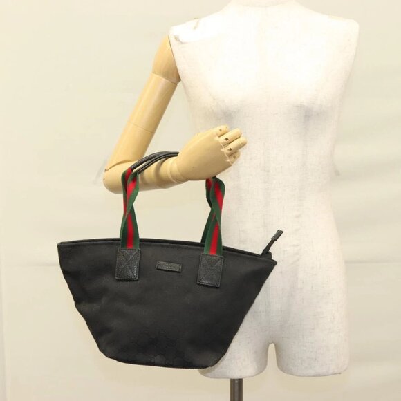 GUCCI GG Canvas Web Sherry Line Tote Bag Black Silver 131228 Auth fm4817 - Picture 1 of 16